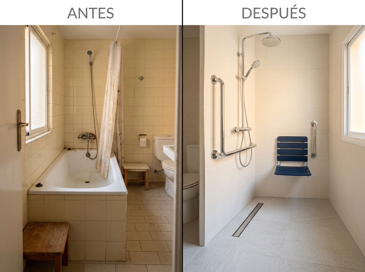 Antes y después de adaptar un baño: cambiar la bañera por una ducha enrasada con barras y asiento gana seguridad