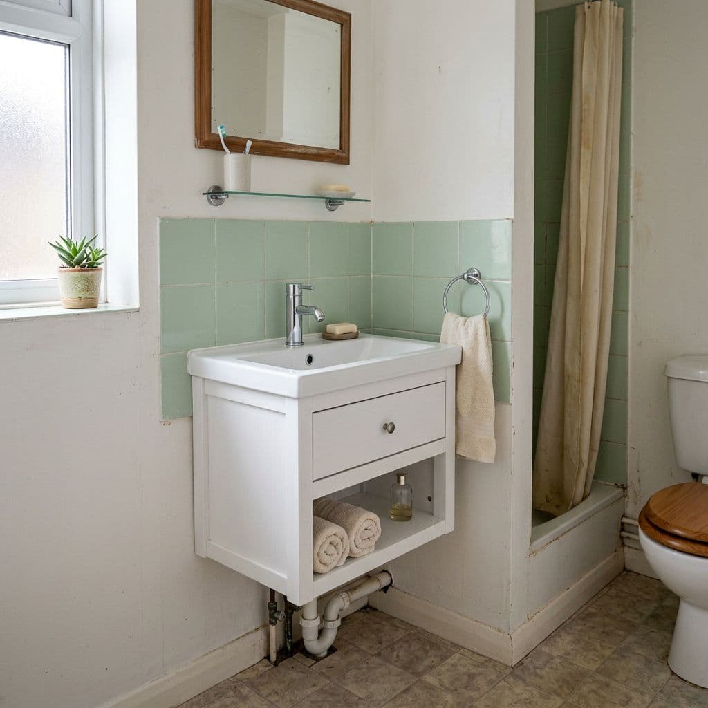 Mueble de lavabo nuevo instalado en un baño pequeño sin más cambios