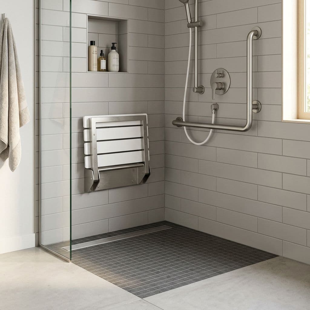 Asiento de ducha abatible de pared para ducharse sentado con seguridad en un baño accesible