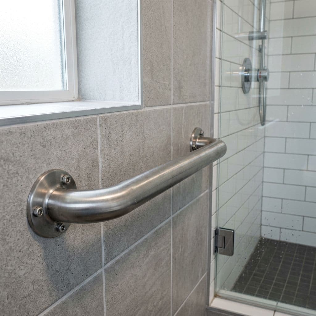 Barras de apoyo de acero inoxidable en un baño accesible