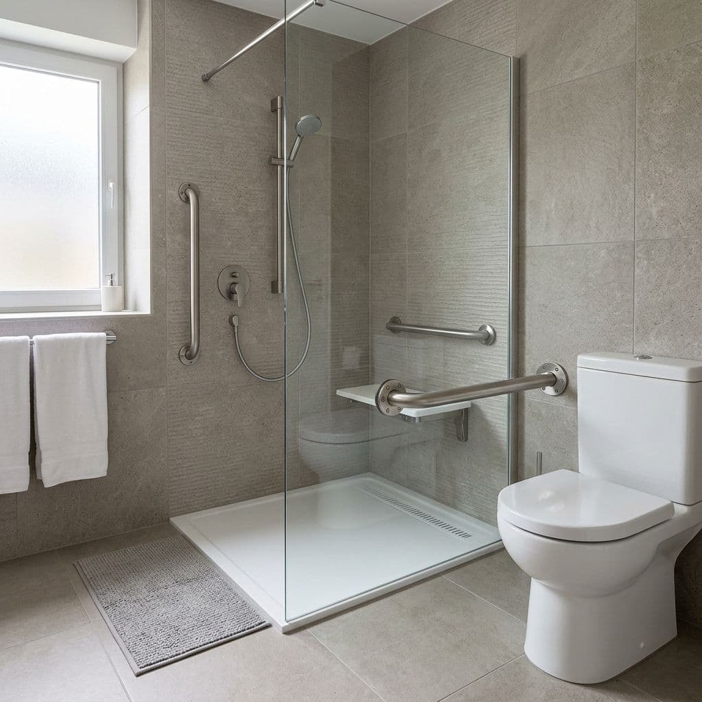 Barras de apoyo bien ancladas junto a la ducha y el inodoro en un baño accesible