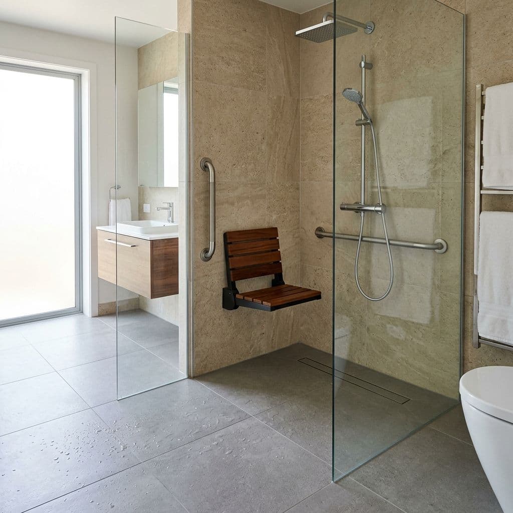 Ducha a ras de suelo con asiento abatible y barras de apoyo