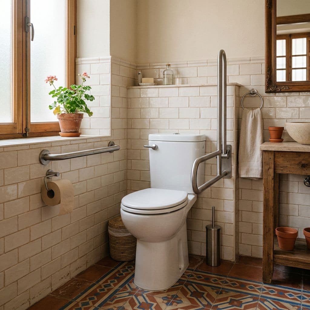 Inodoro adaptado a altura cómoda con barras de apoyo laterales en un baño accesible