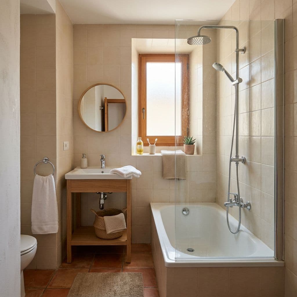 Bañera con ducha integrada y mampara fija como solución intermedia en baño pequeño