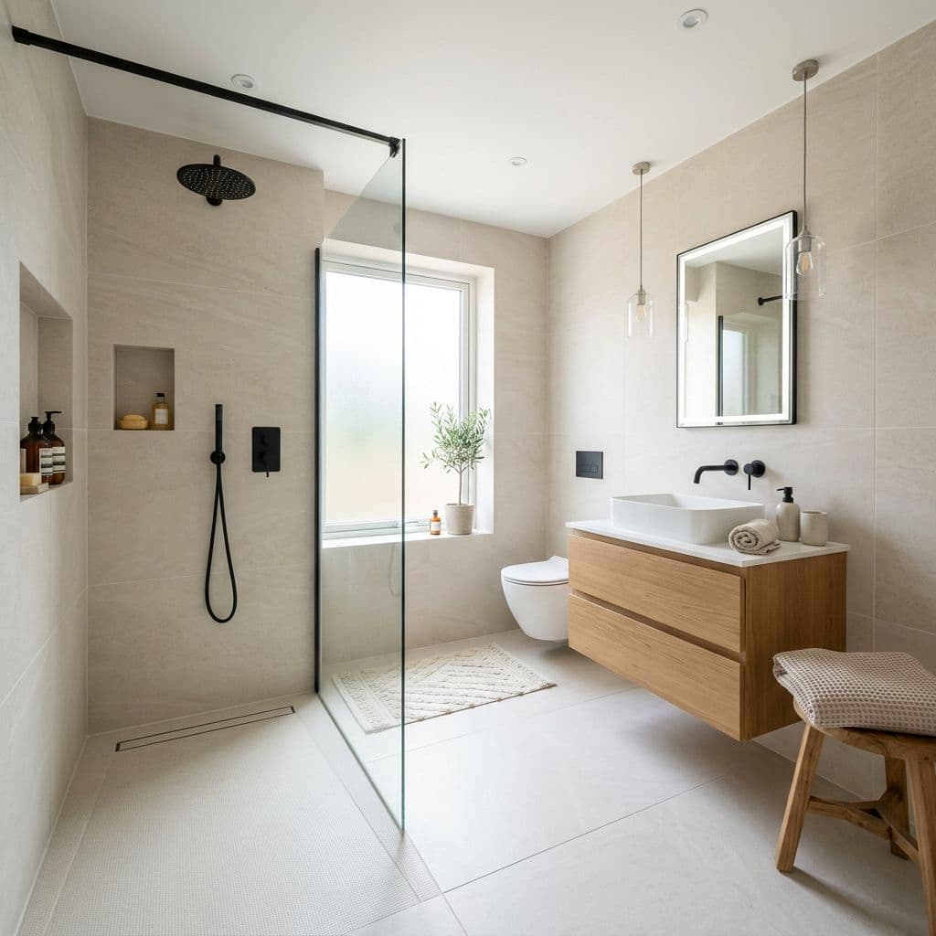 Baño reformado completo con ducha, mampara y mueble suspendido de calidad media