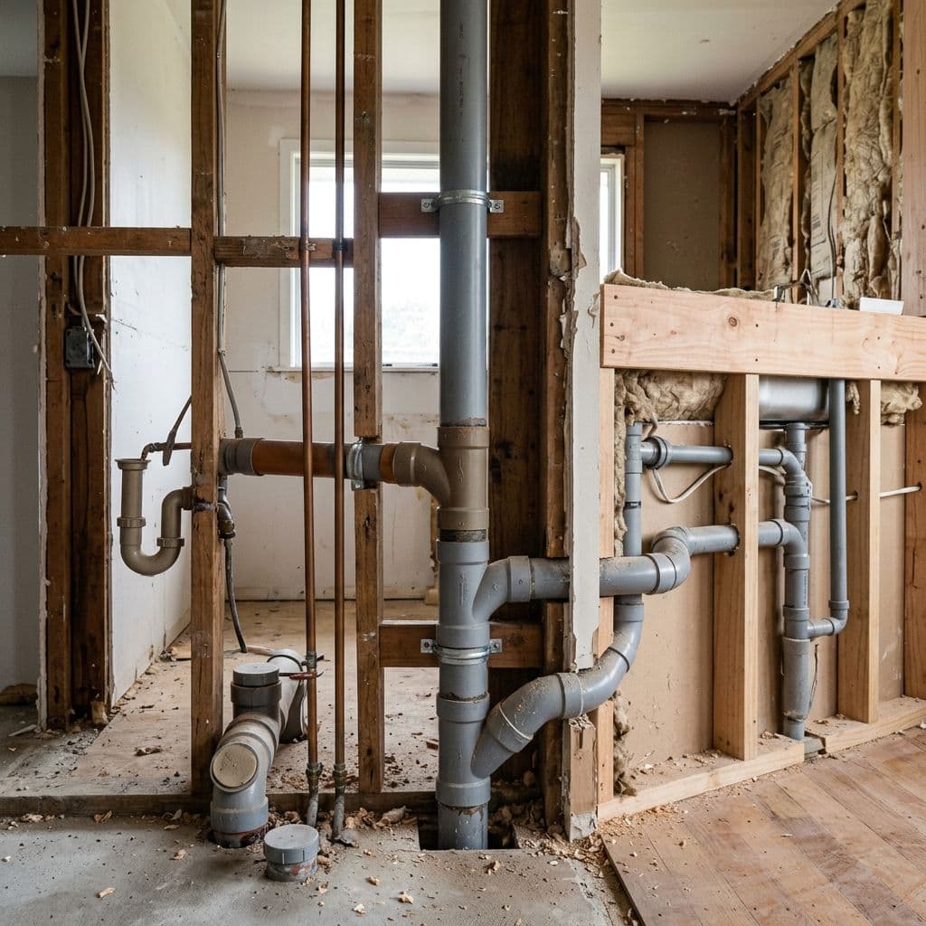 Columna de bajantes compartida entre cocina y baño renovada en una sola obra