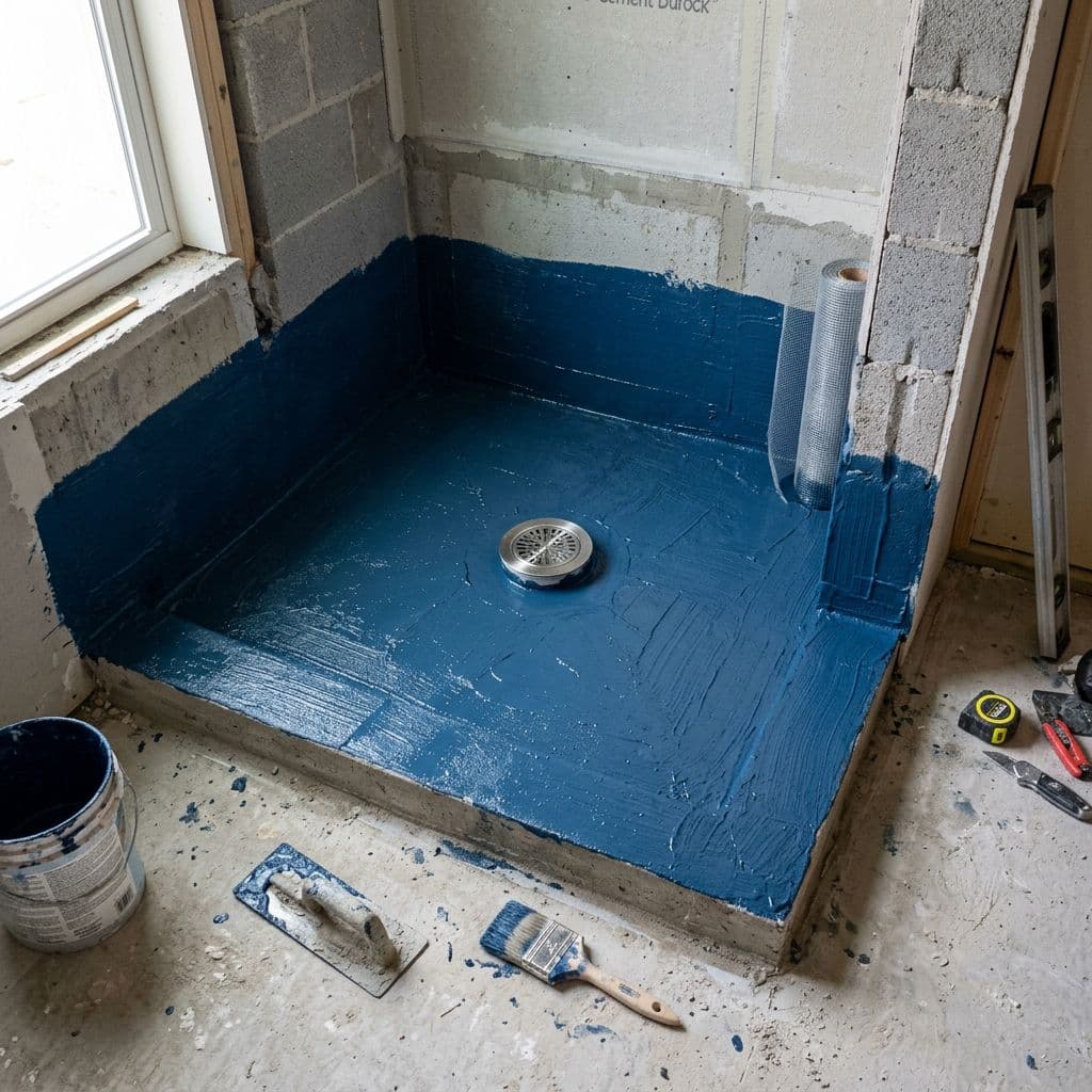 Impermeabilización del suelo y los encuentros en la base de una ducha de obra antes del alicatado