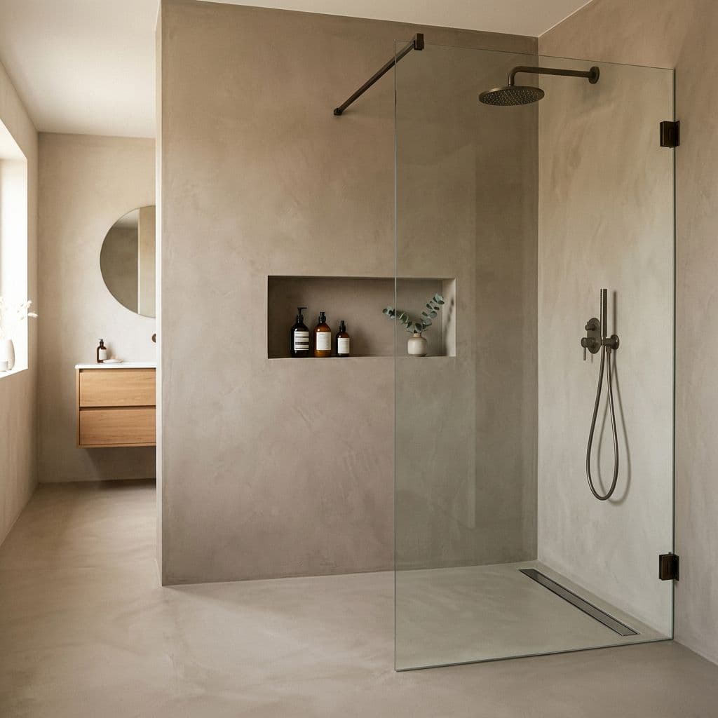 Ducha de obra con microcemento continuo sin juntas y desagüe lineal de acabado premium