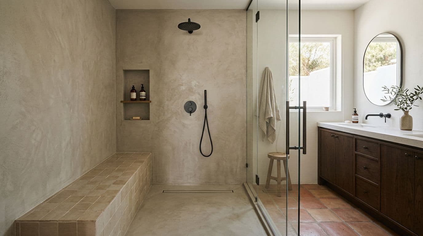 Ducha de obra a medida con microcemento, banco, hornacina y desagüe lineal en un baño contemporáneo