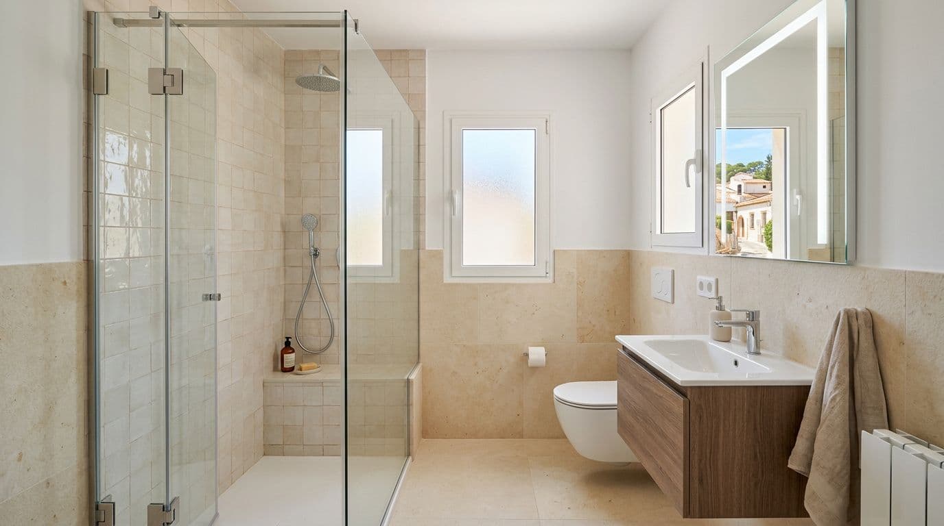 Baño pequeño reformado con ducha en lugar de bañera para ganar espacio