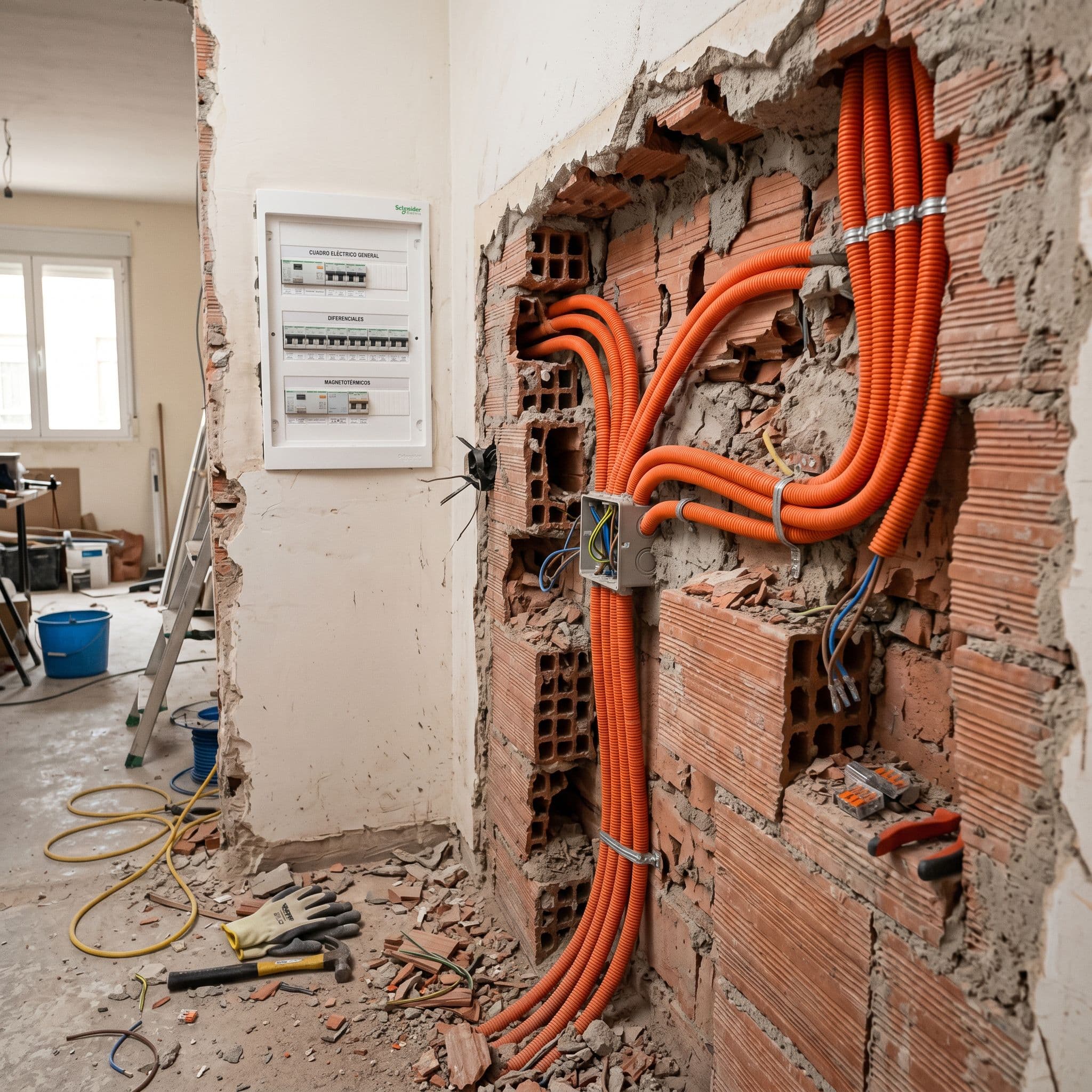 Instalación eléctrica nueva durante reforma integral de piso con cableado visto en pared abierta
