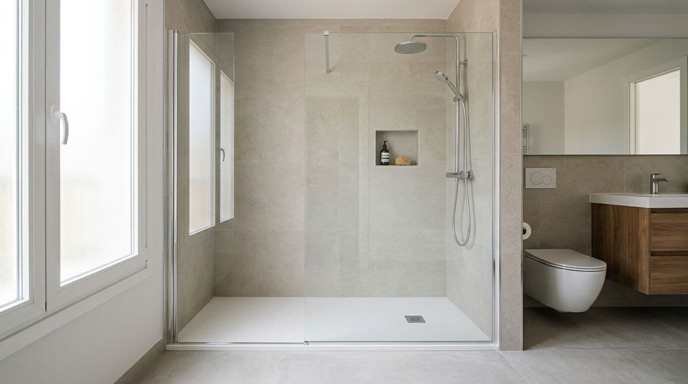 Mampara de ducha de vidrio templado instalada sobre un plato de ducha en un baño contemporáneo
