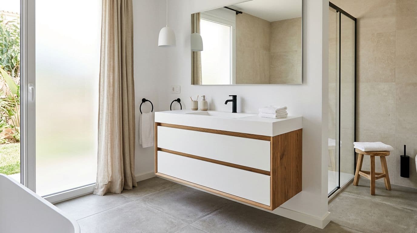 Mueble de baño suspendido con lavabo y el suelo despejado debajo en un baño contemporáneo
