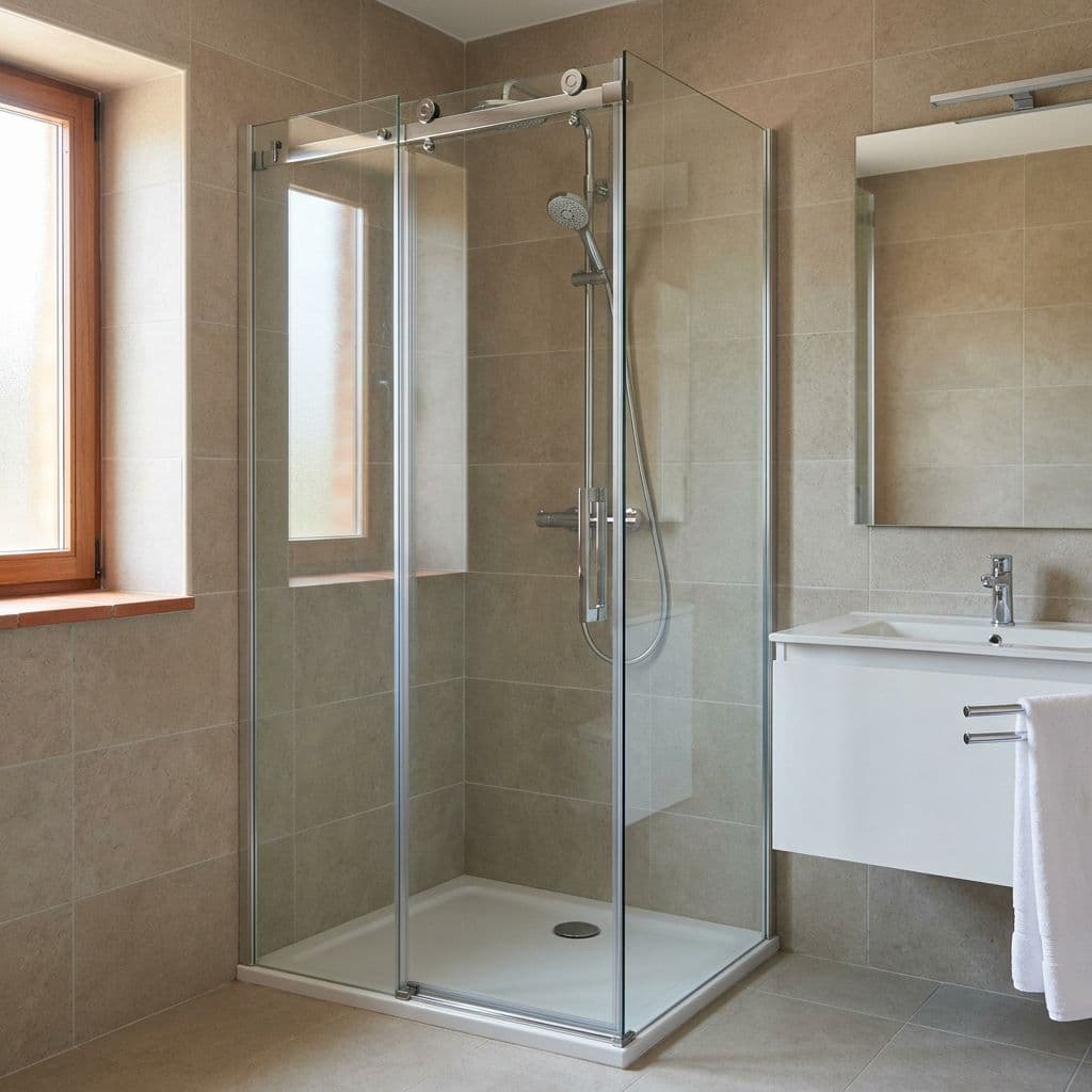 Mampara de ducha corredera de vidrio con hojas sobre raíles ideal para baños pequeños