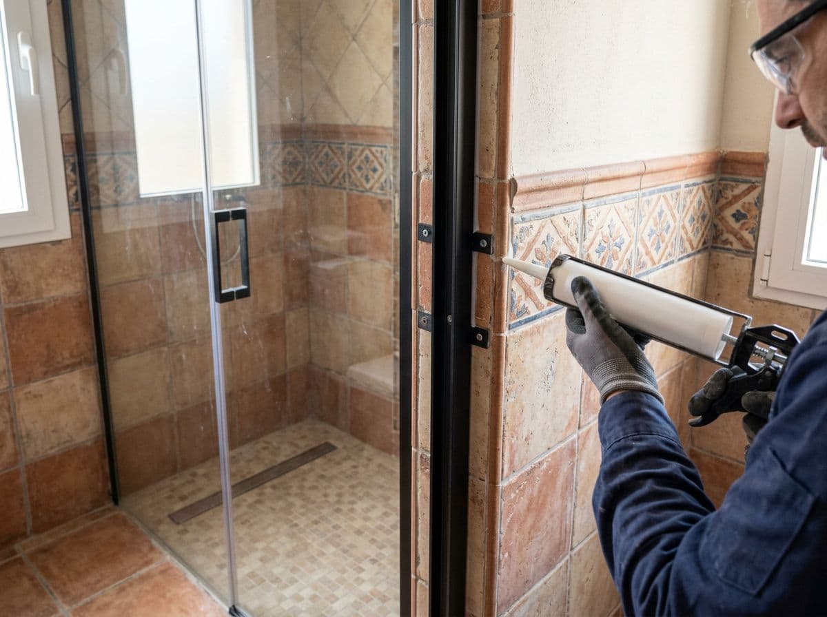 Sellado perimetral con silicona de una mampara de ducha recién instalada para evitar fugas de agua