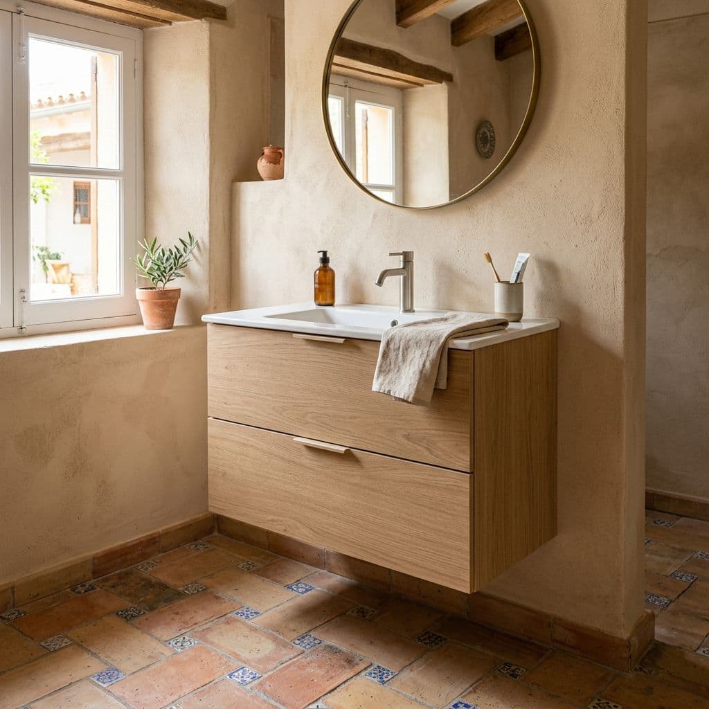 Mueble suspendido individual de 60-80 cm con un lavabo ideal para baños pequeños
