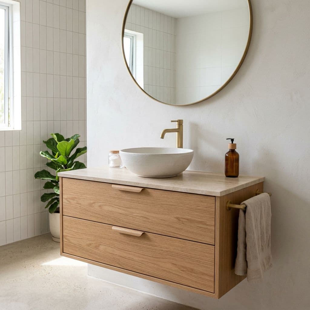 Mueble suspendido con lavabo sobre encimera y mueble rebajado para compensar la altura