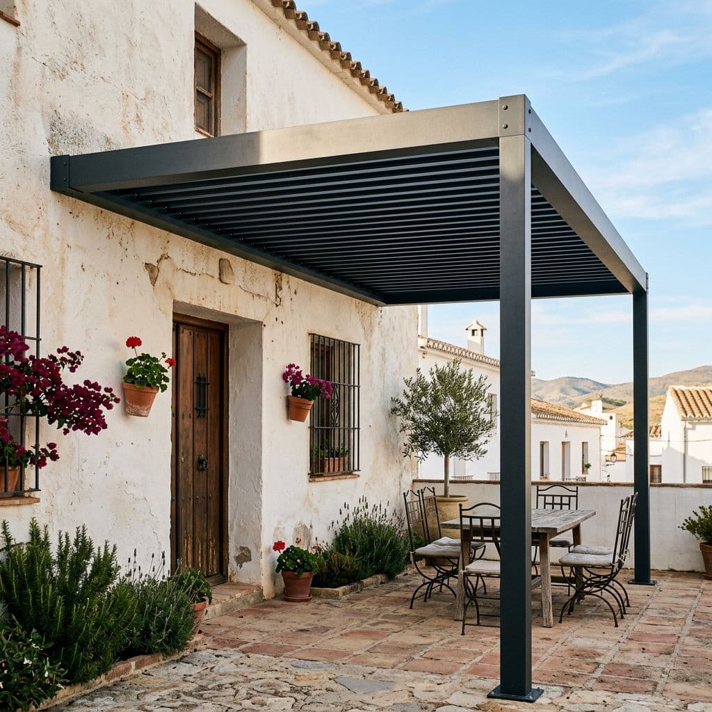 Pérgola de aluminio adosada a la fachada de una vivienda