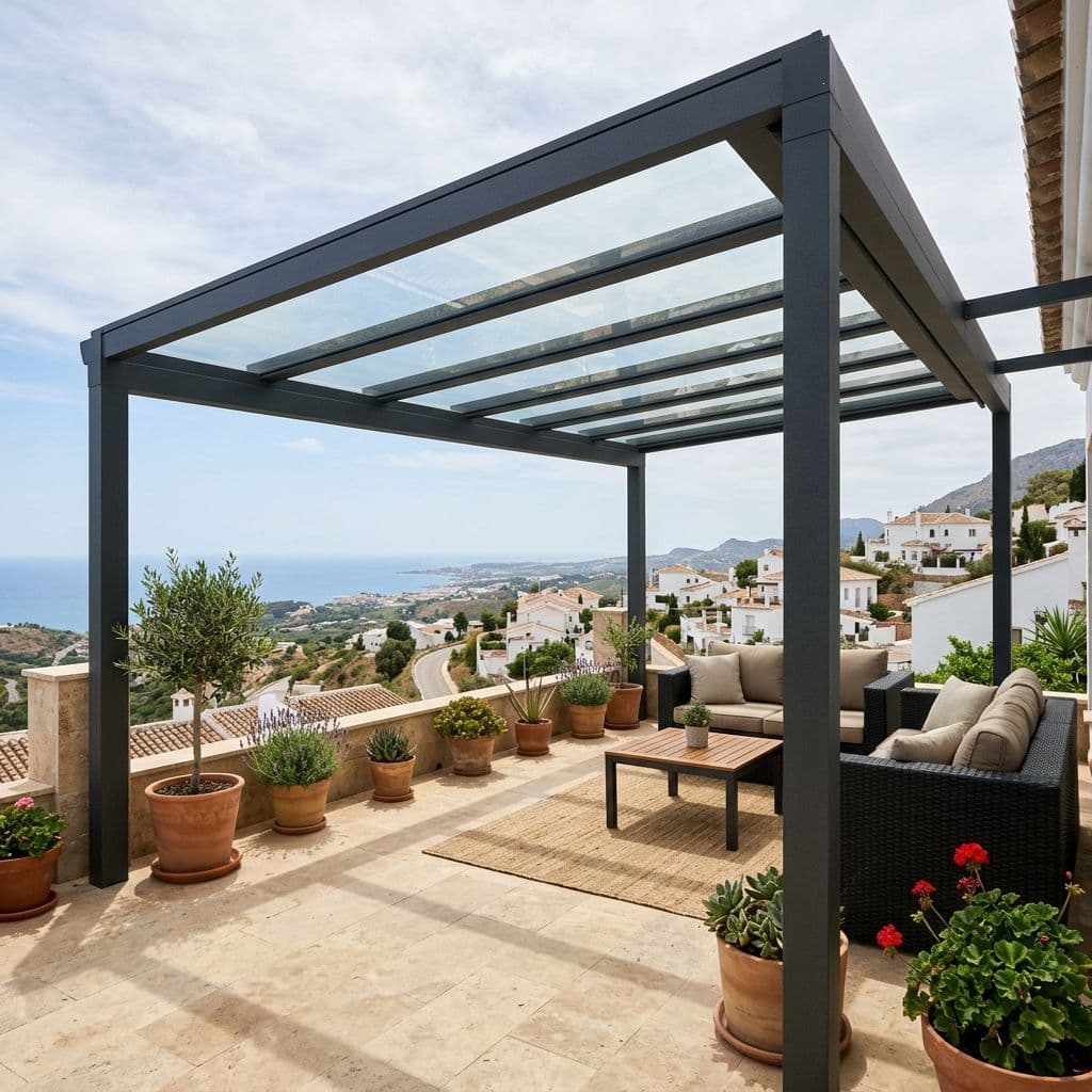 Pérgola de aluminio con cubierta de cristal templado