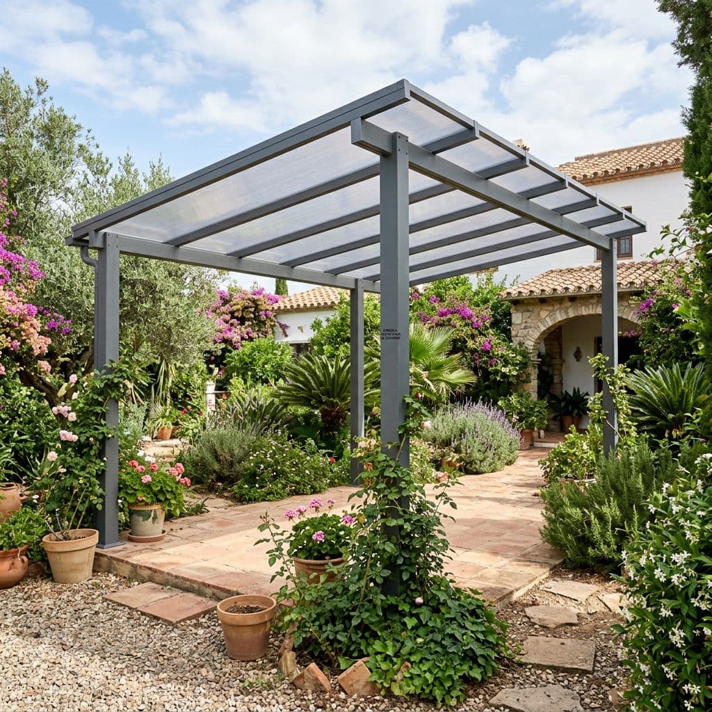 Pérgola de aluminio exenta con cubierta de policarbonato