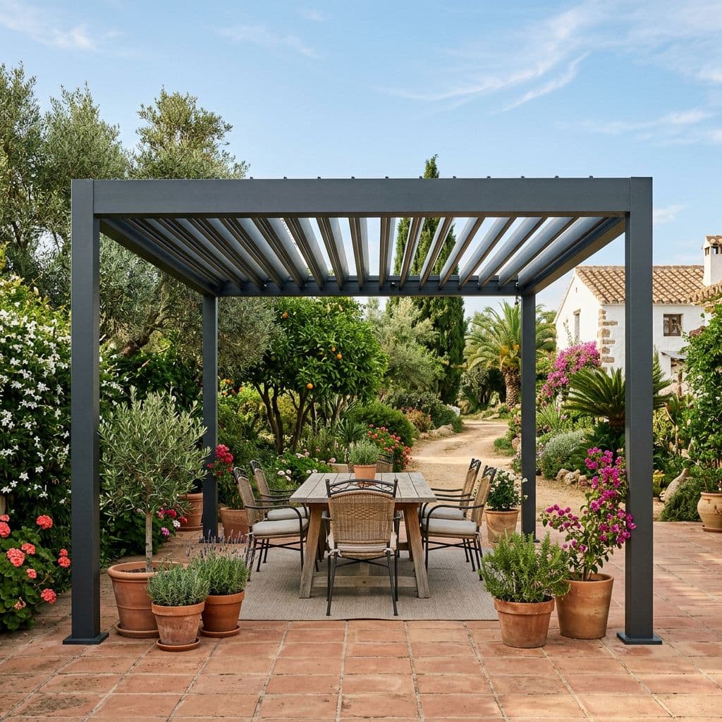Pérgola bioclimática autoportante con lamas motorizadas