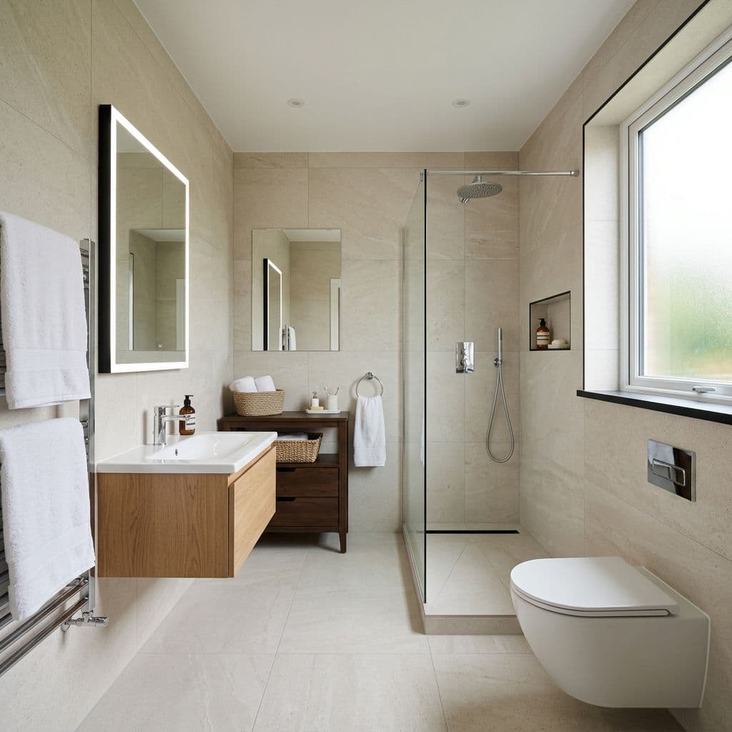 Baño completo reformado con ducha y mueble suspendido en un piso de 60 m²