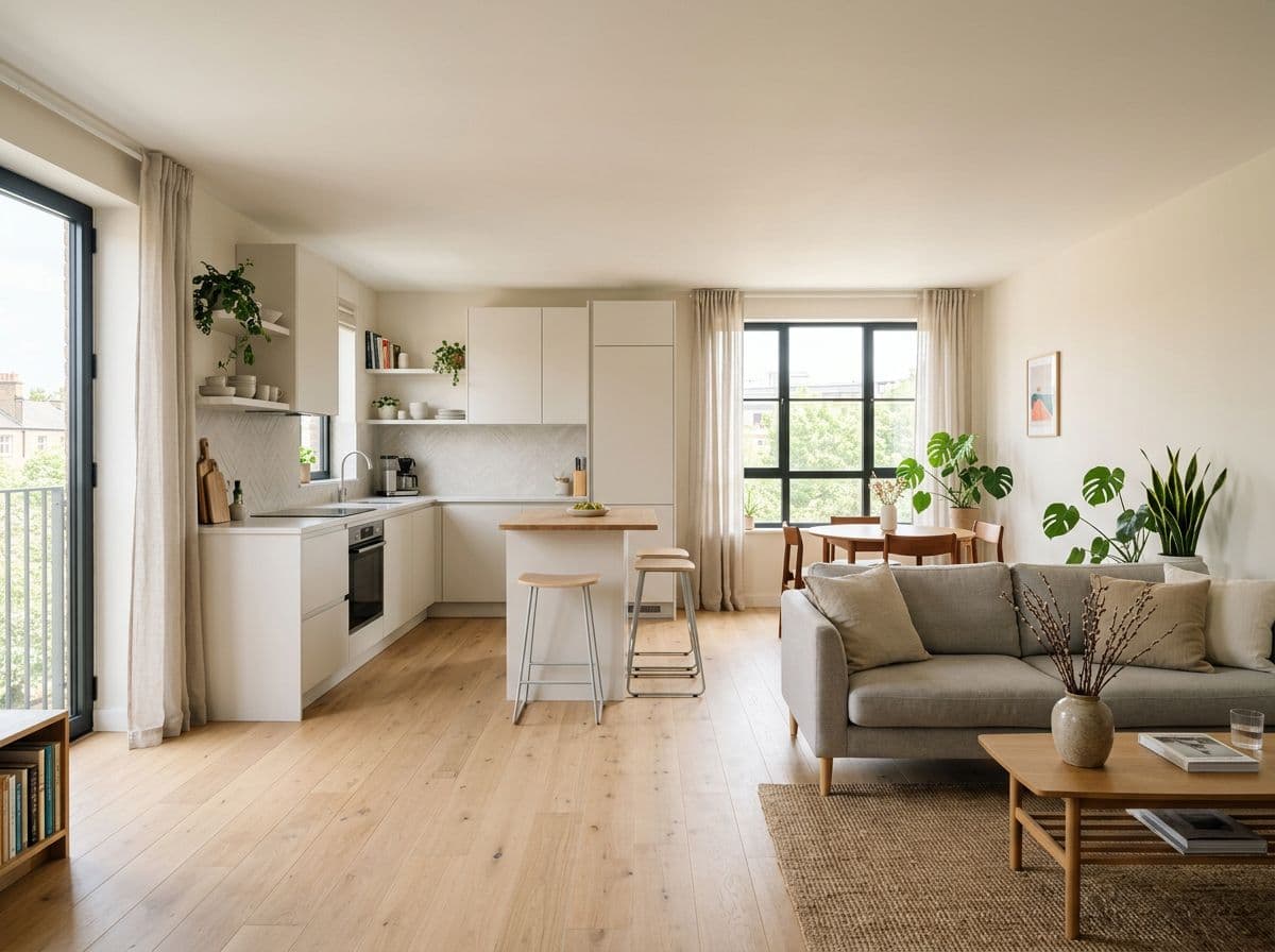Cocina abierta al salón en un piso de 60 m² para ganar amplitud y luz en una reforma