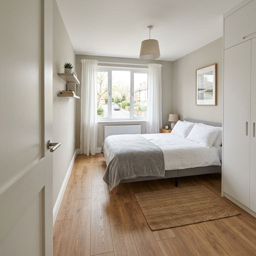 Dormitorio reformado con suelo nuevo y carpintería en un piso de 60 m²
