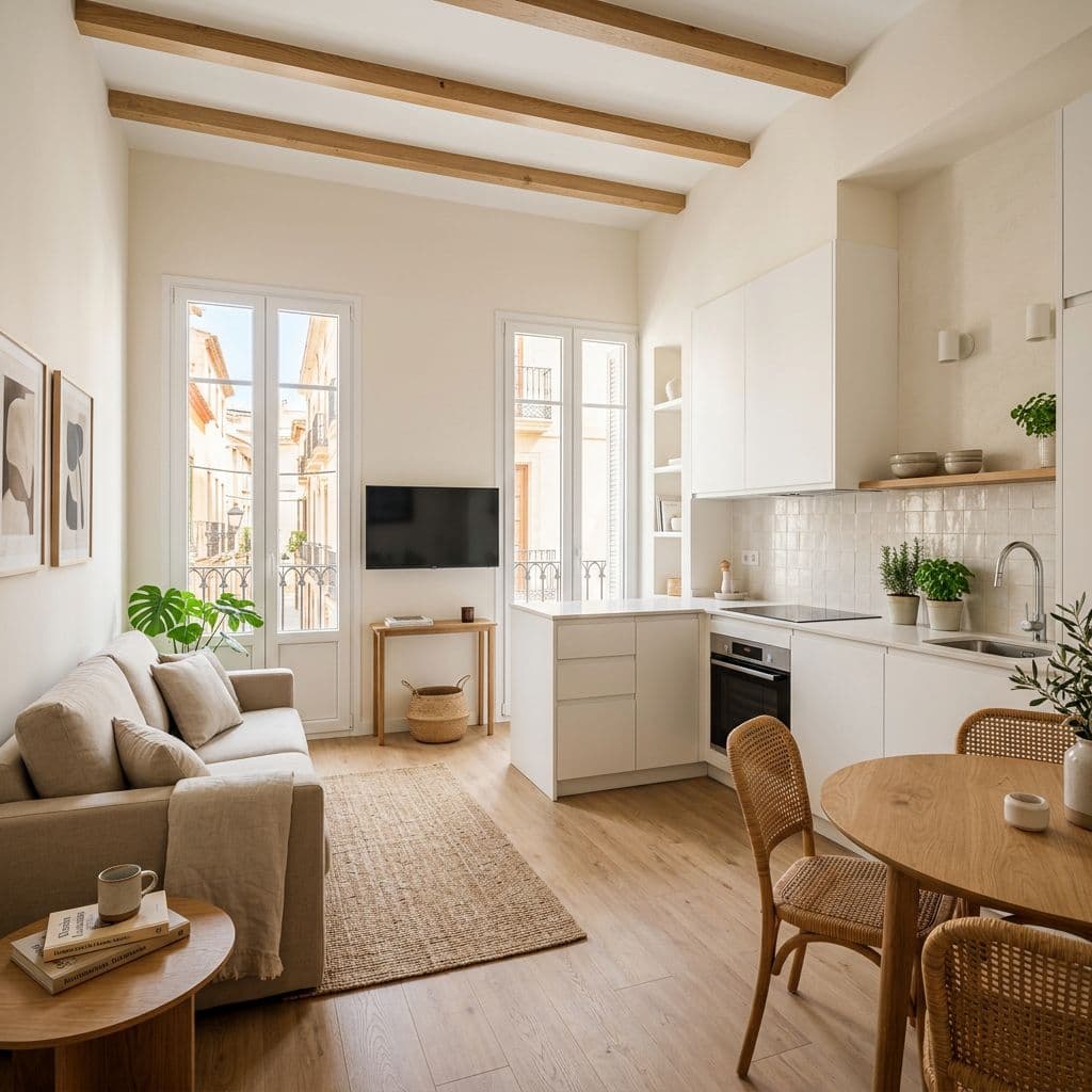 Salón con cocina abierta en un piso de 60 m² reformado para ganar amplitud