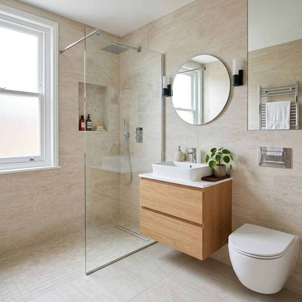 Baño completo reformado con ducha y mueble suspendido en un piso de 70 m²