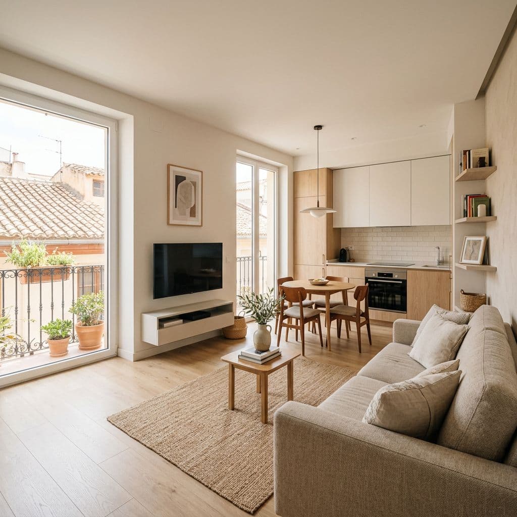 Salón con cocina abierta en un piso de 70 m² reformado para ganar amplitud