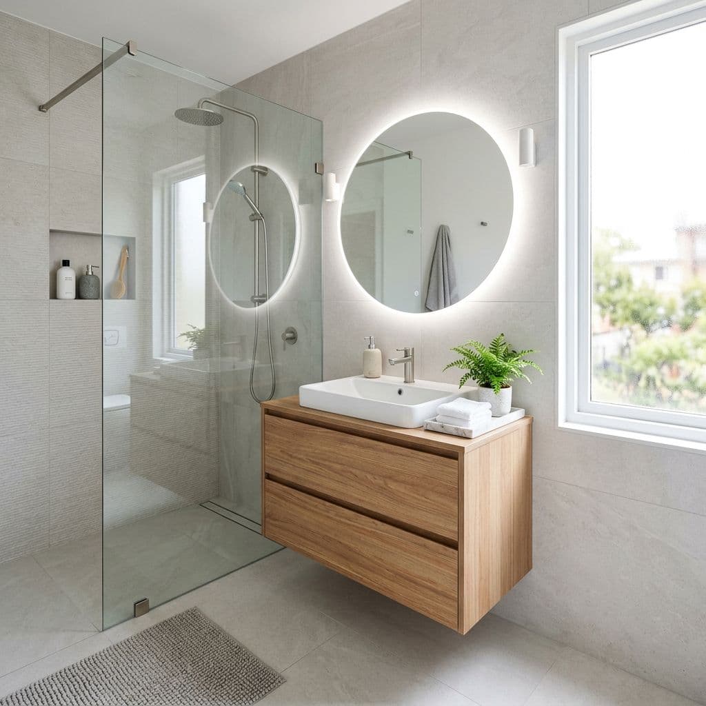 Baño principal reformado con ducha y mueble suspendido en un piso de 80 m²
