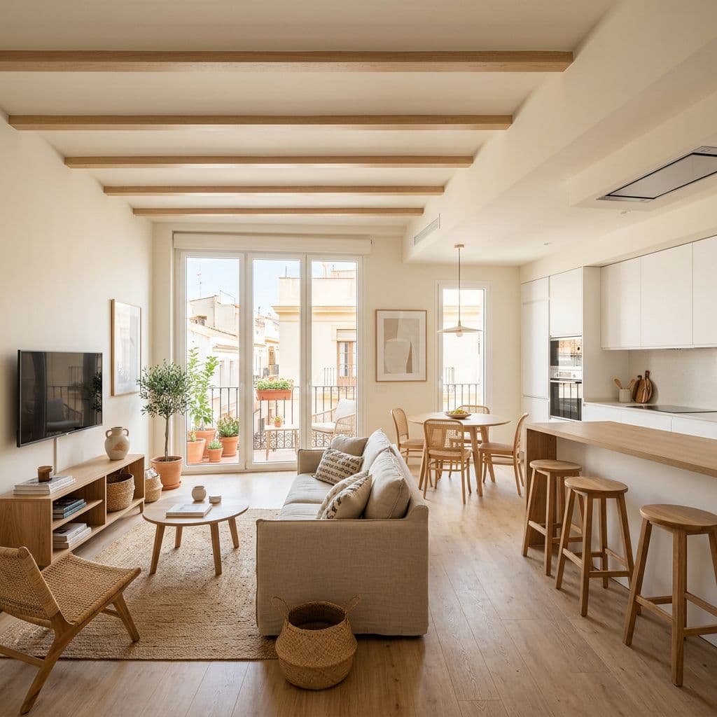 Salón con cocina abierta en un piso de 80 m² reformado de tipo familiar