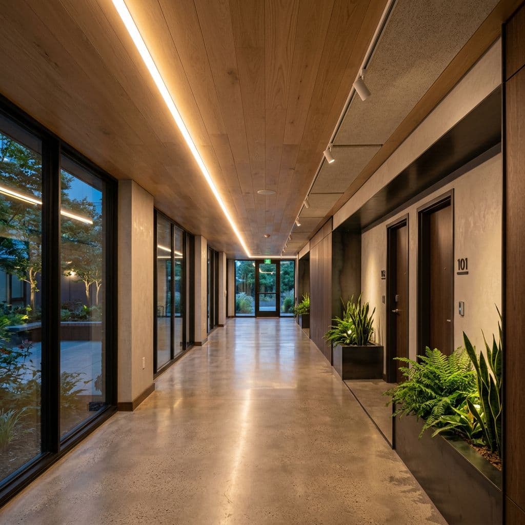 Iluminación LED renovada en el techo de un portal de comunidad