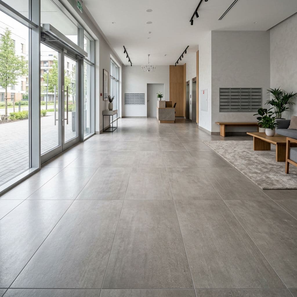 Suelo nuevo de porcelánico resistente en el portal de un edificio reformado