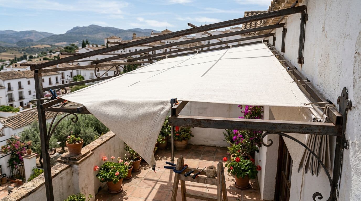 Instalación de una tela nueva sobre la estructura existente de un toldo