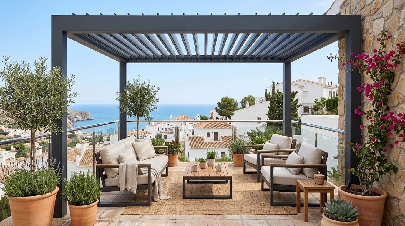 Pérgola bioclimática instalada en una terraza moderna