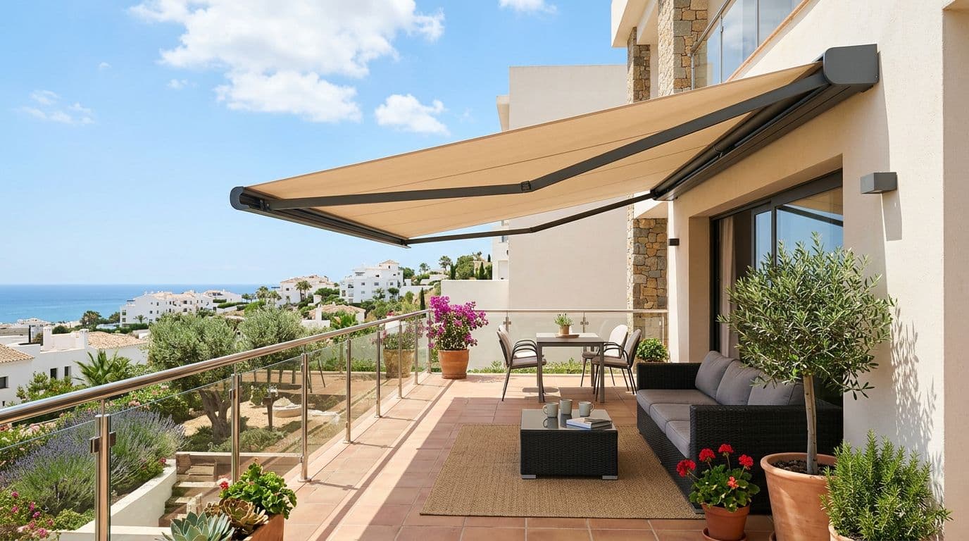 Toldo cofre motorizado instalado y extendido en una terraza