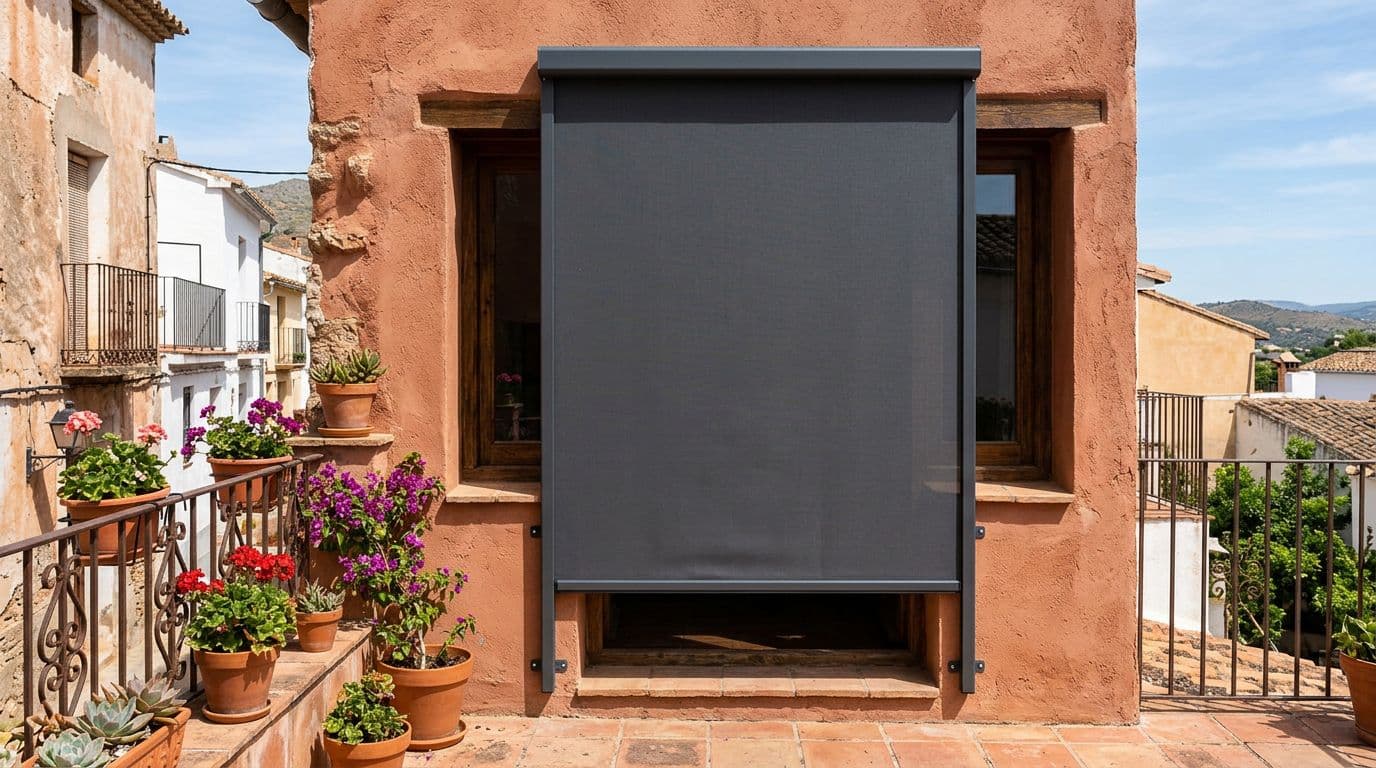Toldo vertical desplegado cubriendo una ventana en una terraza