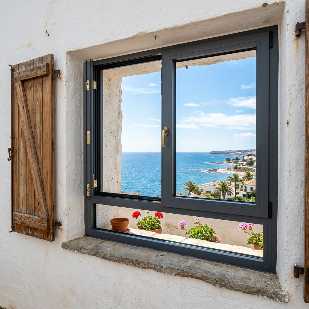 Ventana de aluminio en una vivienda costera, resistente a la exposición marina