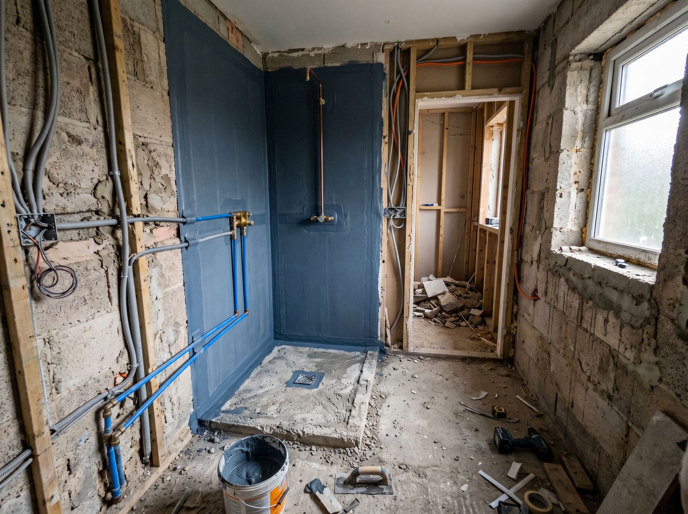 Baño en obra durante una reforma integral con fontanería, electricidad e impermeabilización a la vista