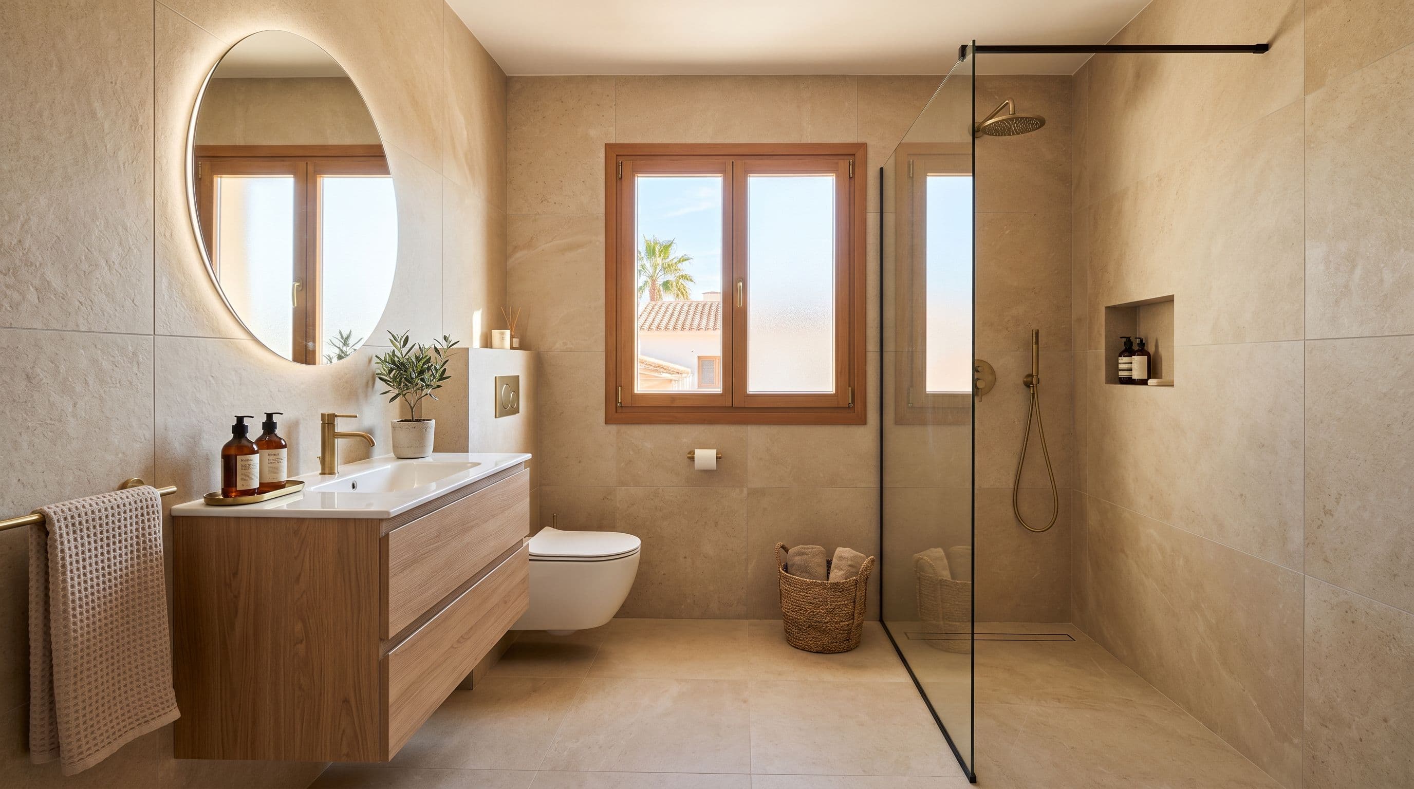 Baño reformado integral con ducha, mueble suspendido y gran formato tras una reforma completa