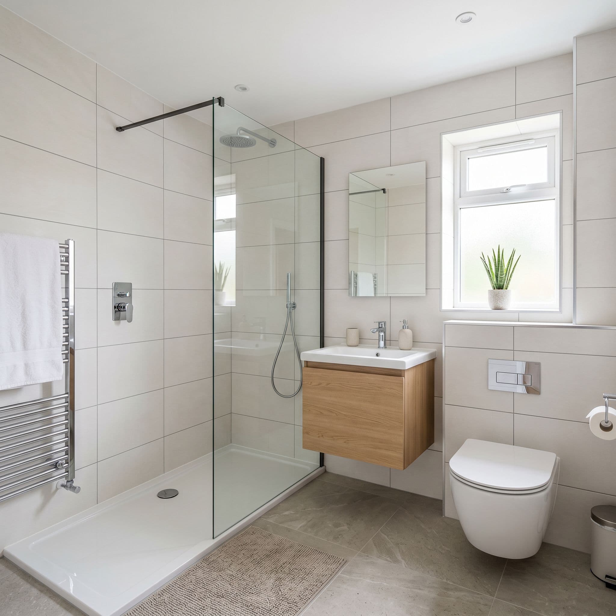 Reforma integral estándar de baño con alicatado nuevo, ducha y mueble de calidad media