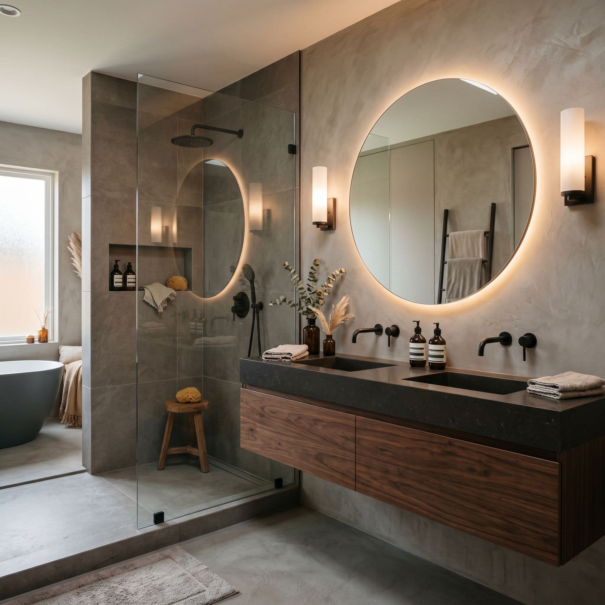 Reforma integral premium de baño con microcemento, gran formato y mueble a medida