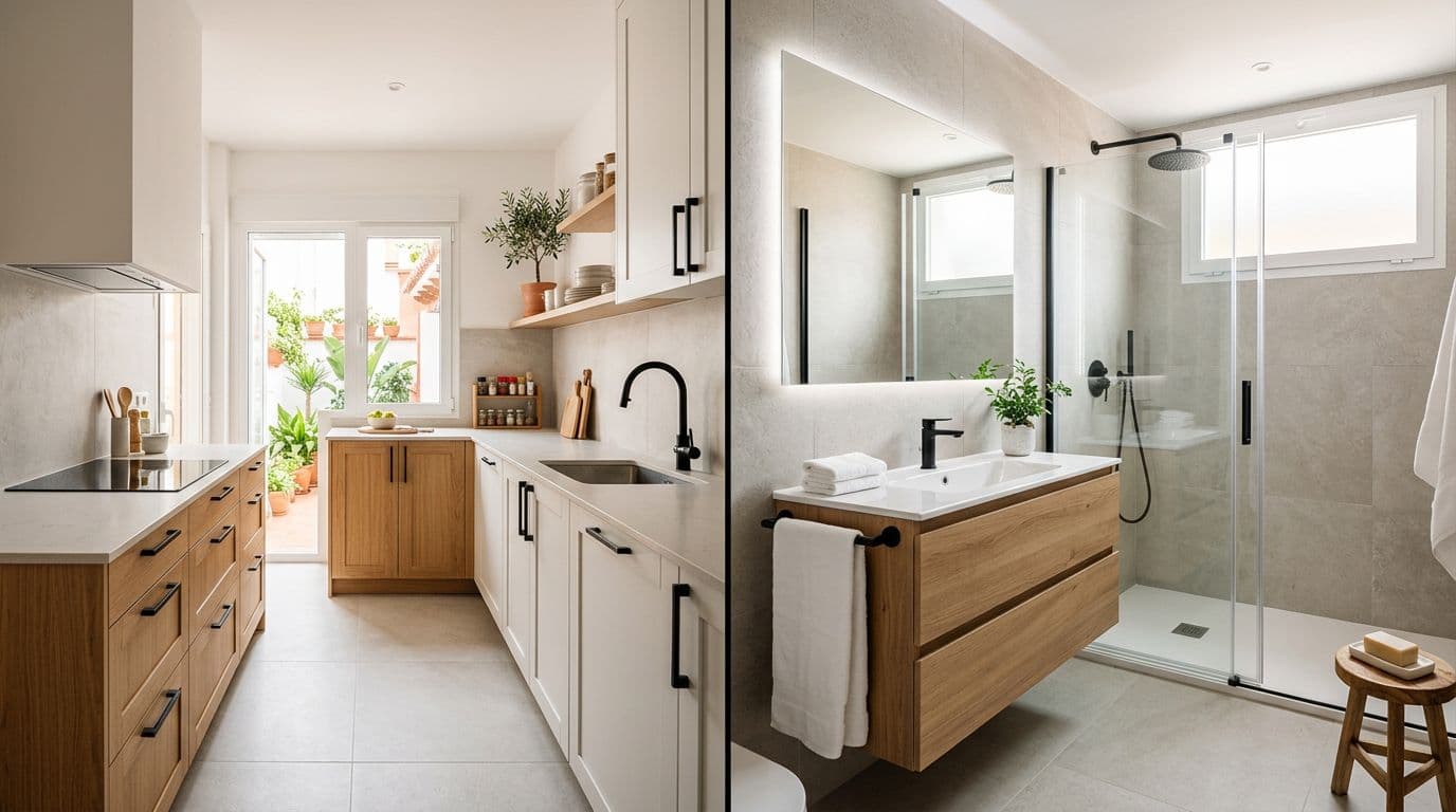 Cocina y baño reformados a la vez en una misma vivienda con acabados de calidad media
