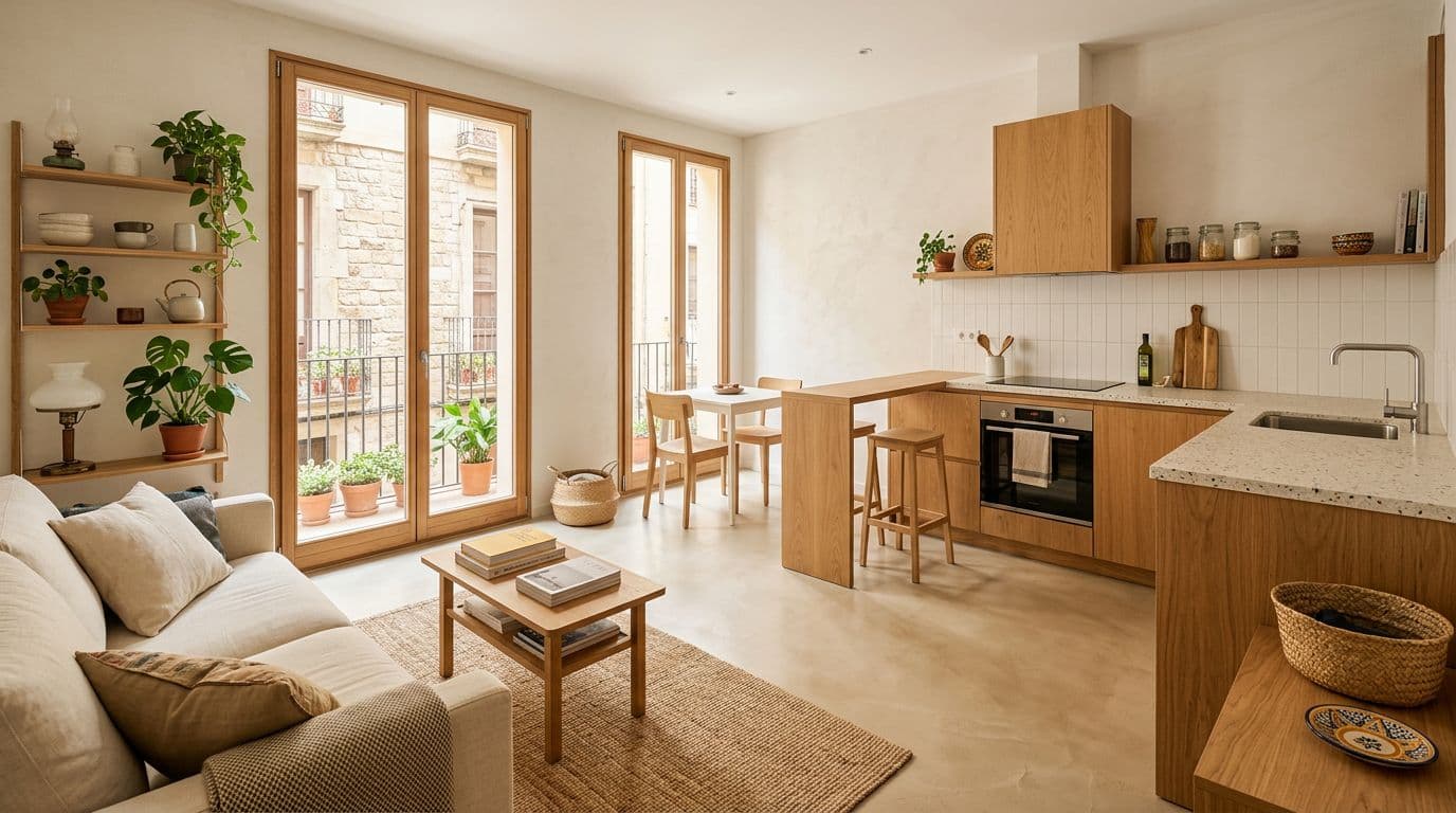 iso de 60 m² reformado con salón y cocina abierta y suelo claro de gran formato para ganar amplitud