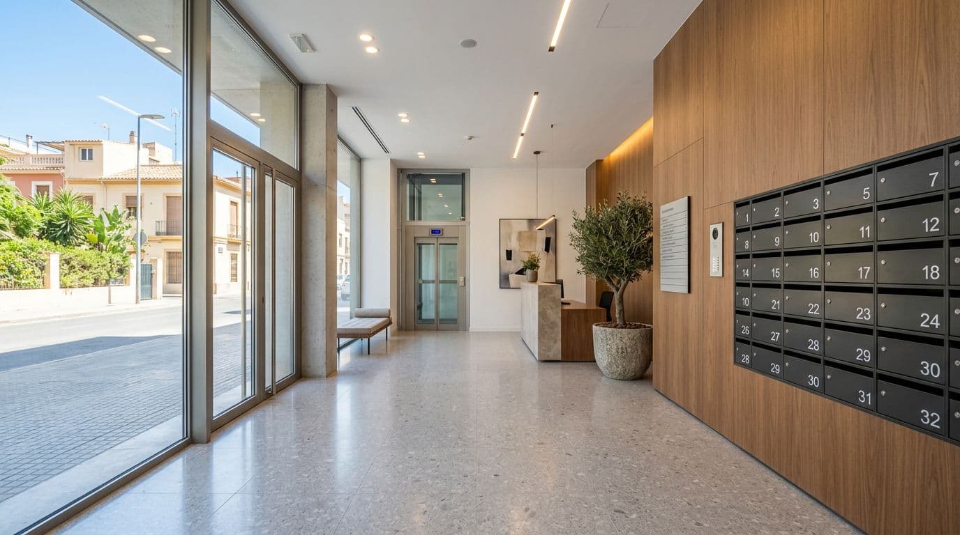 Portal de un edificio reformado con suelo, iluminación y buzones nuevos