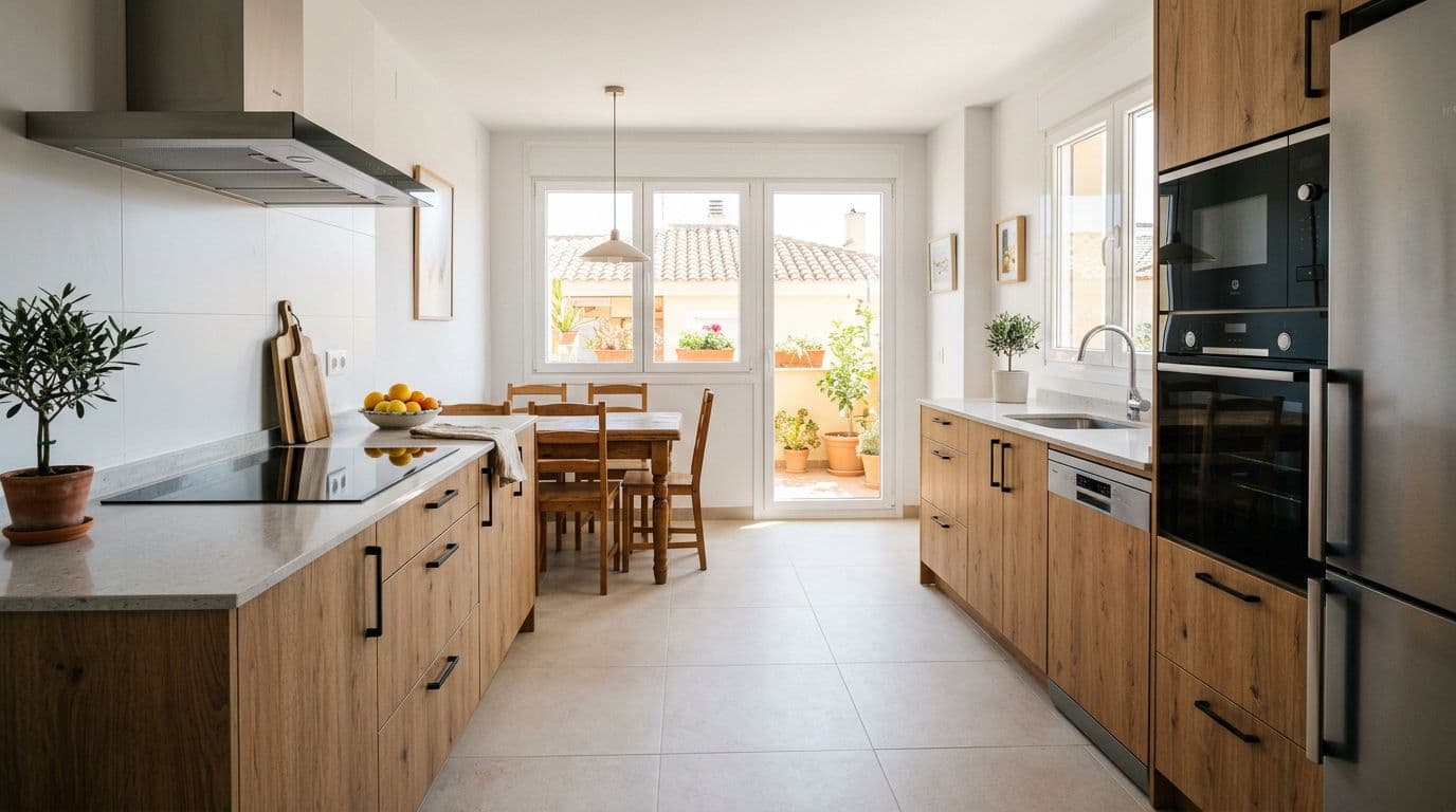 Cocina reformada de 10-12 m² con muebles, encimera y electrodomésticos de calidad media