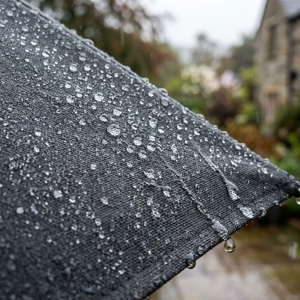 Tela impermeable para toldo repeliendo el agua de lluvia