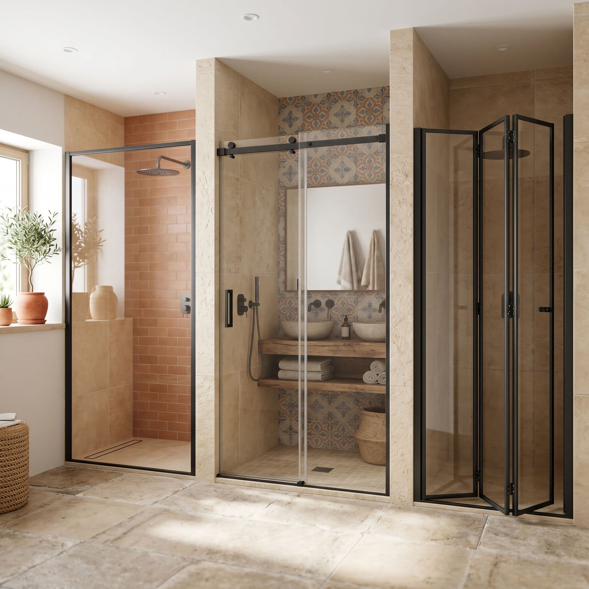 Tipos de mampara de ducha fija, corredera y abatible en vidrio templado en baño moderno